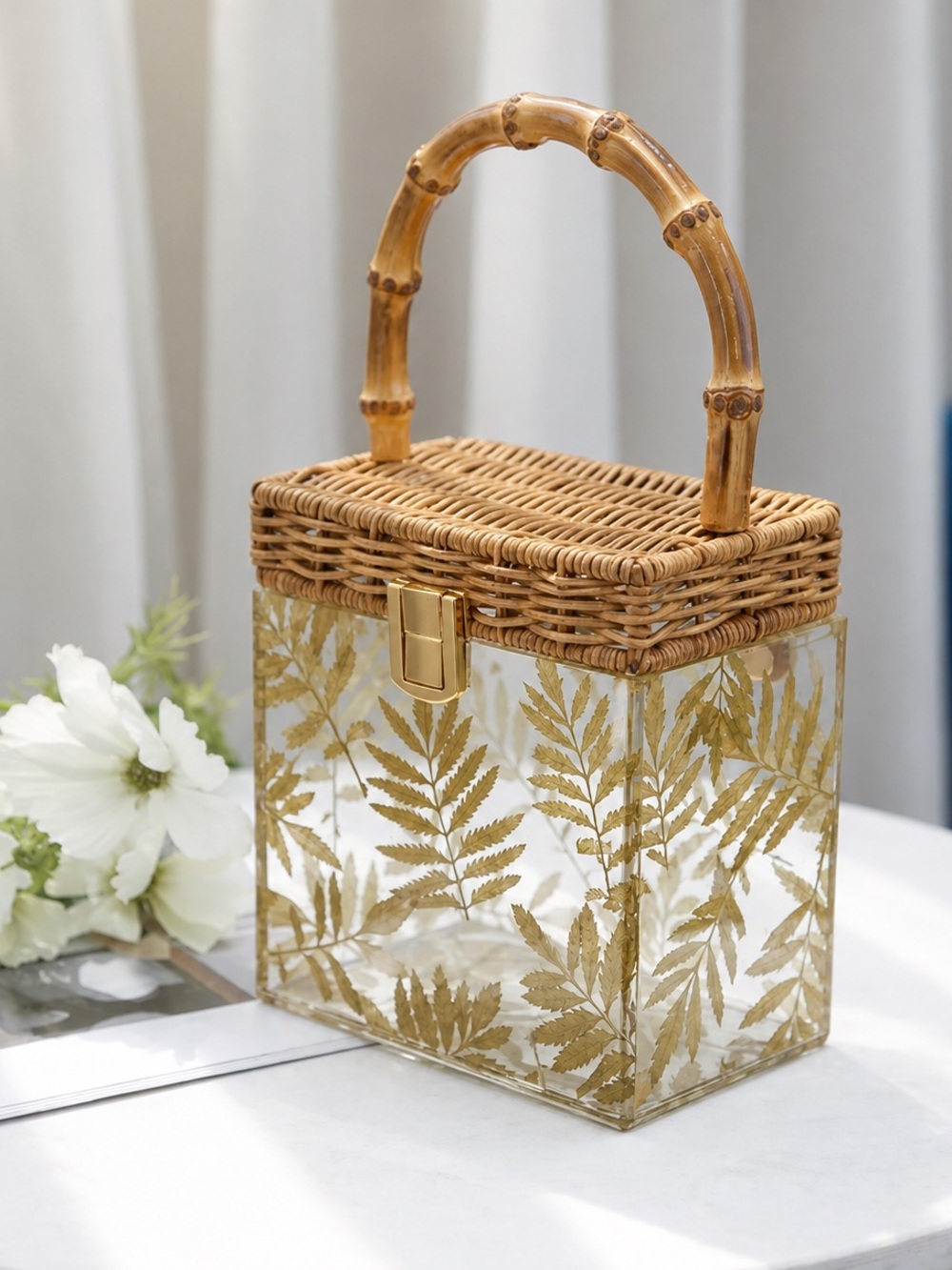 Vintage Bamboo Acrylic Wicker Clear Box Picnic Basket Bag Pressed Gold Leaf